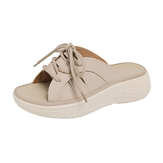 Womens Beige Slide Sandals Platform Comfort Cushioned, Lace-Up Detail Casual Summer Mules for Everyday Walking & Errands,Size 7.5