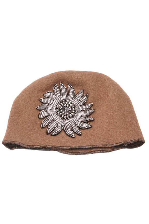 Womens Bejeweled Flower Cuffless Wool Beanie - Camel