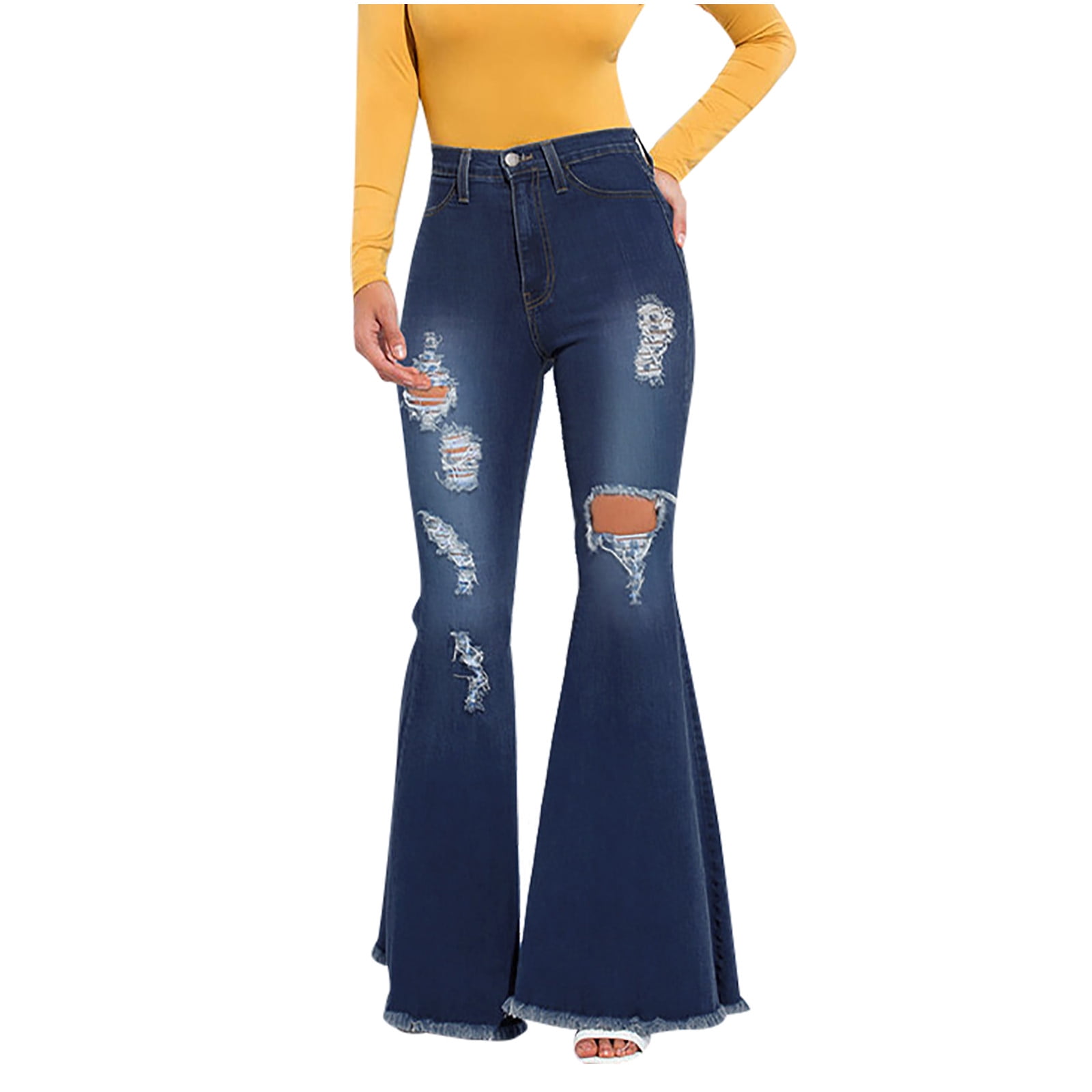 Womens Bell Bottom Jeans Distressed Ripped Flared Denim Pants 70s