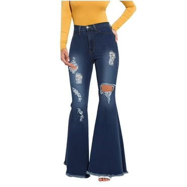 Womens Bell Bottom Jeans Distressed Ripped Flared Denim Pants 70s 80s High Rise Stretch Destroyed Raw Hem Jean (X-Large, Dark Blue)