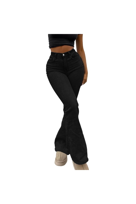 Womens Bell Bottom Jeans Elastic Waist Ripped Flared Jean Destroyed Raw Hem Denim Pants