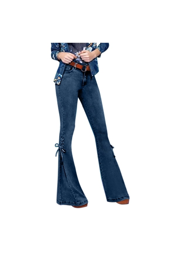 Womens Bell Bottom Jeans High Waist Hem Lace-Up Stretchy Bootcut Denim Pants Casual Distressed Flare Trousers