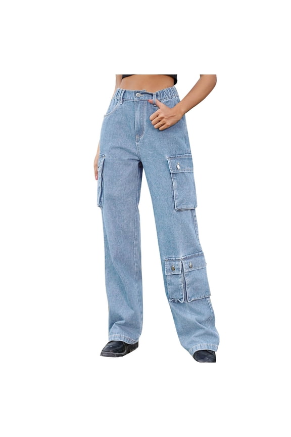 Womens Bell Bottom Jeans High Waist Stretch Cargo Pants Women Baggy Multiple Pockets Relaxed Fitting Straight Wide Leg Pants S-54 Light Blue S