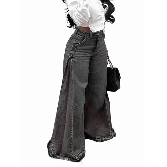 Womens Bell Bottom Jeans High Waist Stretch Wide Leg Flared Pleated Vintage Casual Loose Denim Pants Black & Gray L