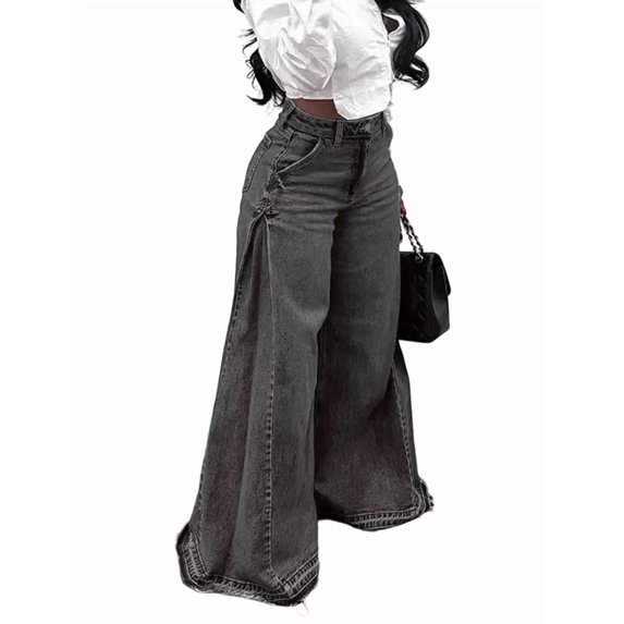 Womens Bell Bottom Jeans High Waist Stretch Wide Leg Flared Pleated Vintage Casual Loose Denim Pants Black & Gray XL