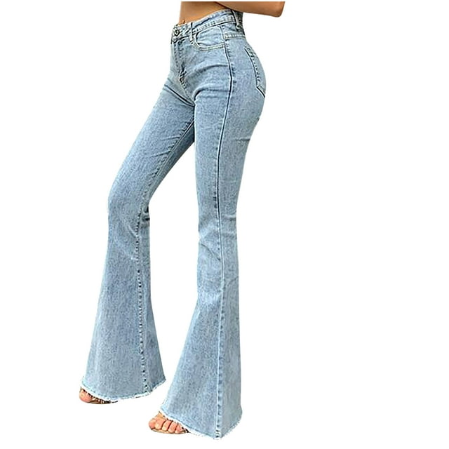 Womens Bell Bottom Jeans High Waist Washed Raw Hem Stretch Bootcut ...