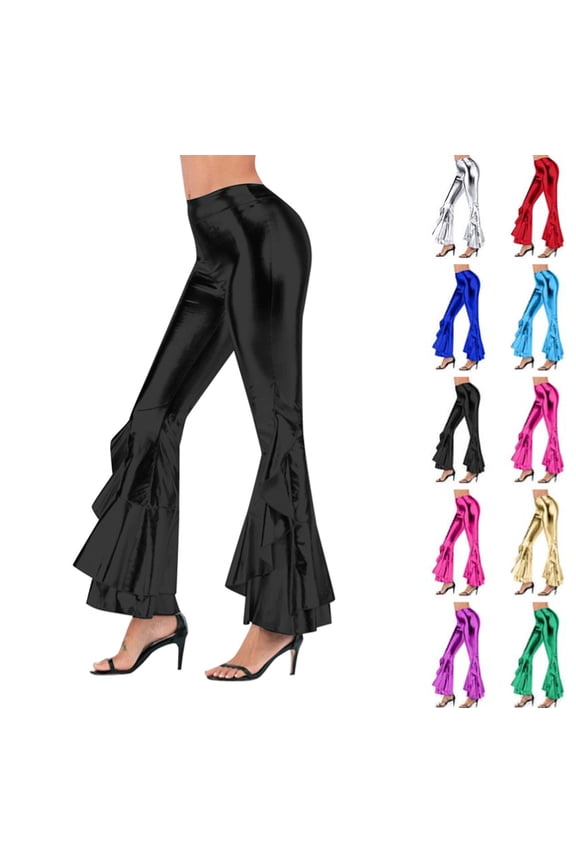 Womens Bell Bottom Metallic Pants Faux Leather Shiny 70s Disco Flare Pants Rave Party Mermaid Leggings Black XXL