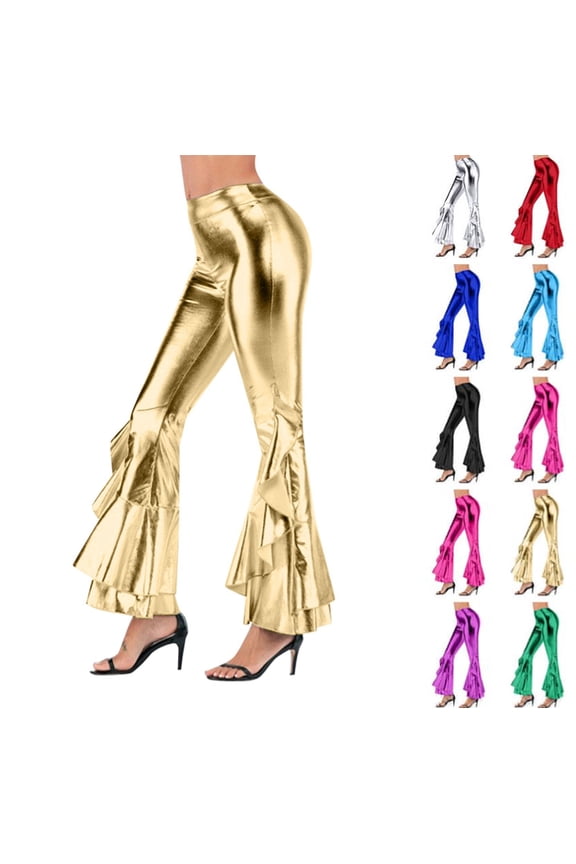 Womens Bell Bottom Metallic Pants Faux Leather Shiny 70s Disco Flare Pants Rave Party Mermaid Leggings Gold XXL