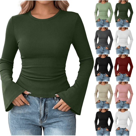 Womens Bell Long Sleeve Basic Shirts Crew Neck Going Out Tops Slim Fit Casual Solid Shirt Y2K Fashion Clothing