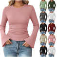thumbnail image 1 of Womens Bell Long Sleeve Basic Shirts Crew Neck Going Out Tops Slim Fit Casual Solid Shirt Y2K Fashion Clothing, 1 of 8