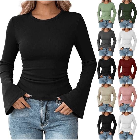 Womens Bell Long Sleeve Basic Shirts Crew Neck Going Out Tops Slim Fit Casual Solid Shirt Y2K Fashion Clothing
