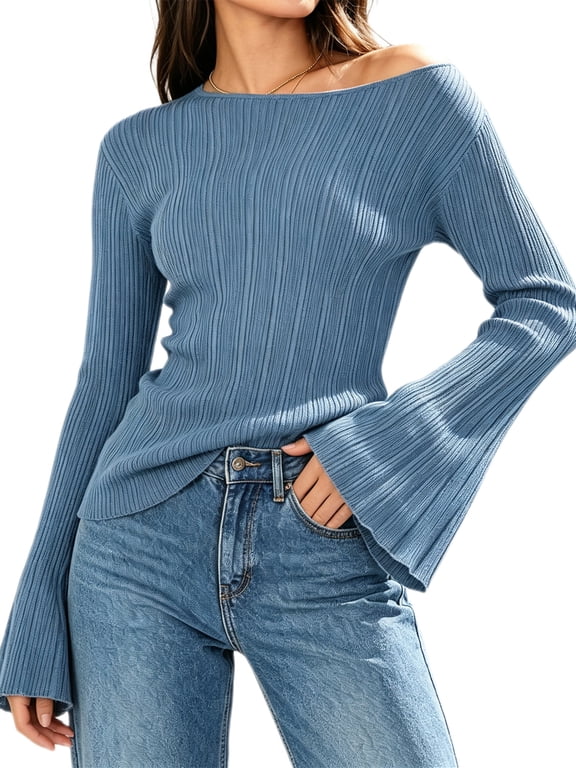 Womens Bell Long Sleeve Tops Going Out Knitted Pullover Sweater 2025 Fall Fashion Lightweight Winter Shirts
