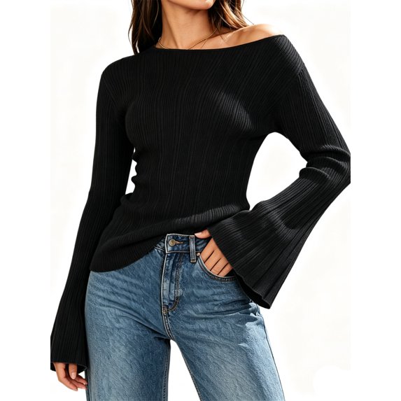 Womens Bell Long Sleeve Tops Going Out Knitted Pullover Sweater 2025 Fall Fashion Lightweight Winter Shirts