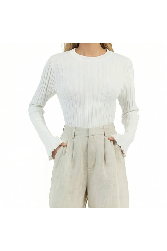 Womens Bell Sleeve Crop Tops Solid Round Neck Lettuce Trim Ribbed Fitted Shirts Casual Fashion Slim Going Out Blouse