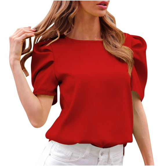 Womens Bell Sleeve Tops Loose Summer Tunic Shirts Dressy Casual Blouses,Tunic Top Summer Short Puff Sleeve Chest Pleated Tshirts Casual Round Neck Blouse Loose Tee