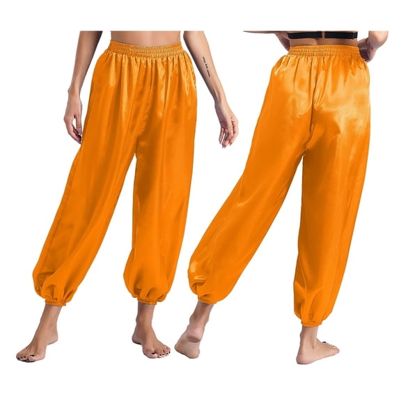 Womens Belly Dance Bloomers Pants Halloween Costume Loose Solid Color Elastic Waistband Satin Pants Stage Performance