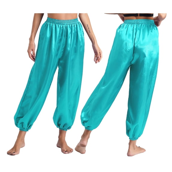 Womens Belly Dance Bloomers Pants Halloween Costume Loose Solid Color Elastic Waistband Satin Pants Stage Performance