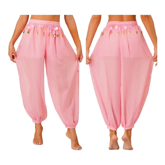 Womens Belly Dance Harem Pants Shiny Sequins Side Split Coins Lantern Pants Trousers Tribal Halloween Costume