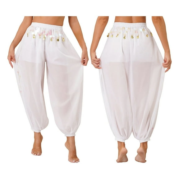 Womens Belly Dance Harem Pants Shiny Sequins Side Split Coins Lantern Pants Trousers Tribal Halloween Costume