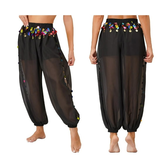 Womens Belly Dance Harem Pants Shiny Sequins Side Split Coins Lantern Pants Trousers Tribal Halloween Costume