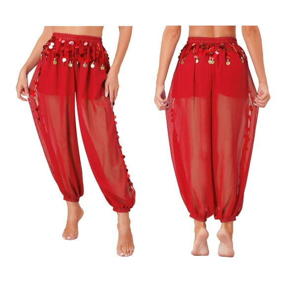 Womens Belly Dance Harem Pants Shiny Sequins Side Split Coins Lantern Pants Trousers Tribal Halloween Costume