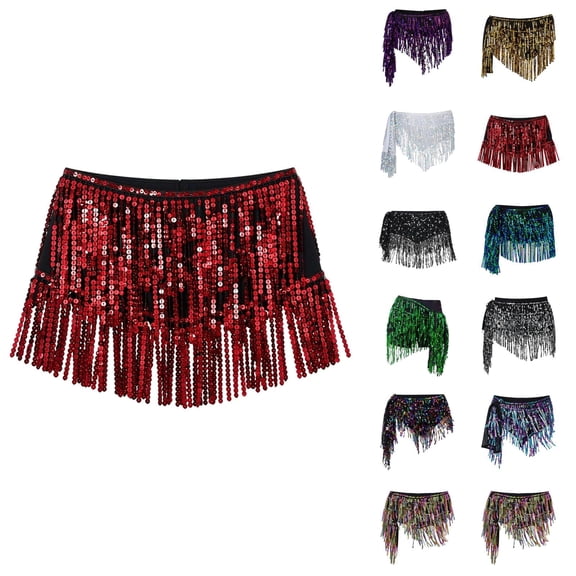 Womens Belly Dance Skirt Sparkly Sequin Fringe Belly Dancing Skirt Latin Dance Hula Hip Scarf Sequin Tassel Skirts