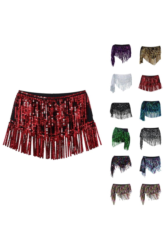 Womens Belly Dance Skirt Sparkly Sequin Fringe Belly Dancing Skirt Latin Dance Hula Hip Scarf Sequin Tassel Skirts
