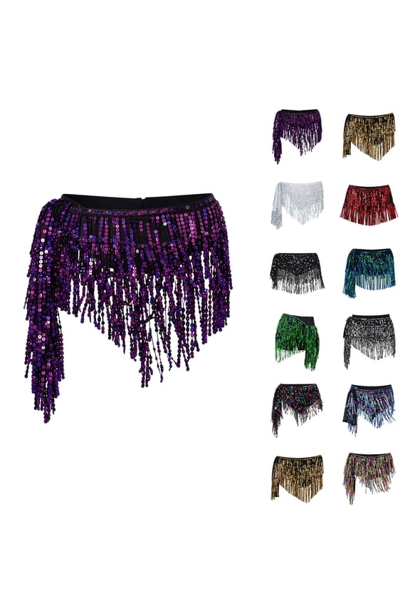 Womens Belly Dance Skirt Sparkly Sequin Fringe Belly Dancing Skirt Latin Dance Hula Hip Scarf Sequin Tassel Skirts