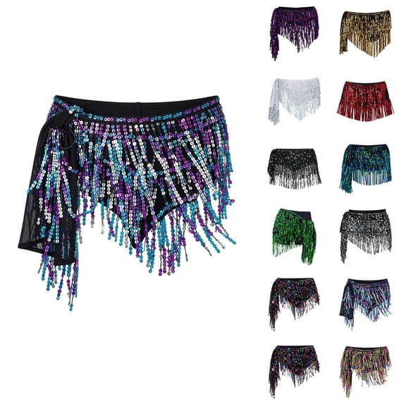 Womens Belly Dance Skirt Sparkly Sequin Fringe Belly Dancing Skirt Latin Dance Hula Hip Scarf Sequin Tassel Skirts