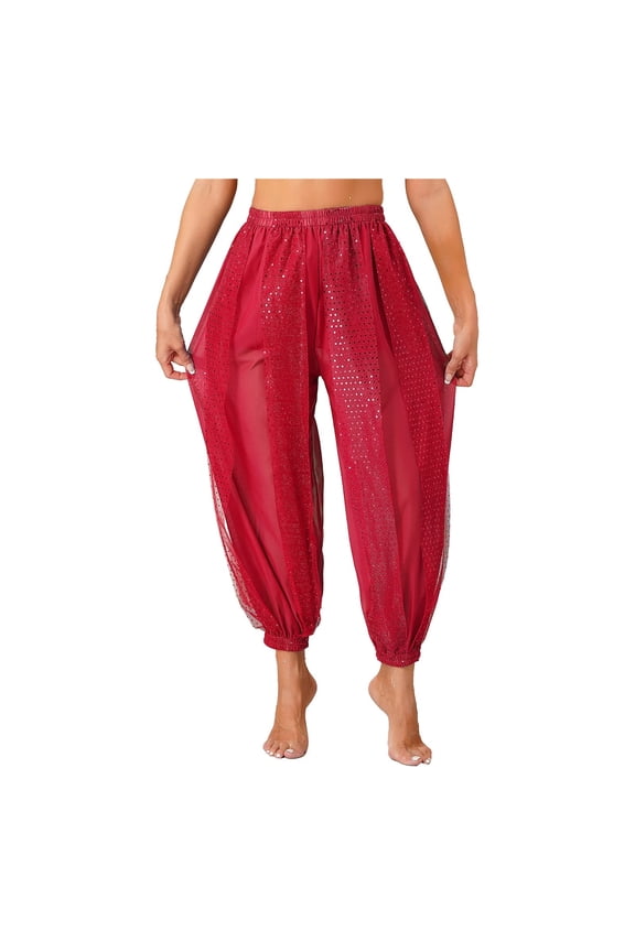 Womens Belly Dancewear Chiffon Harem Pants Bellydance See-Though Bloomers Halloween Lantern Pants Loose Trousers