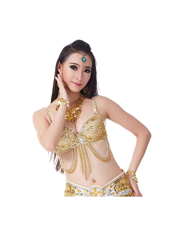 Womens Belly Dancing Bustier Bra Sparkle Glittering Dance Beaded BraTop For Raves Dances 34/75C