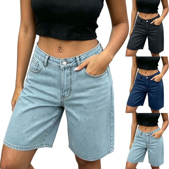 Womens Bermuda Jeans Shorts High Waisted Stretchy Jorts Baggy Knee Length Denim Shorts Light Blue XL(XL)