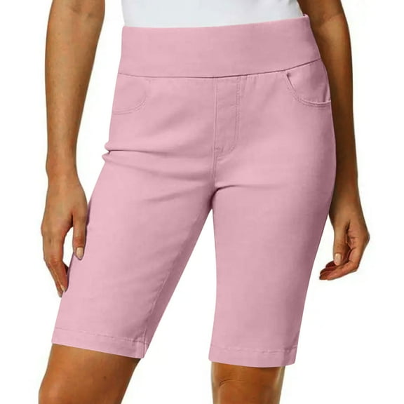 Womens Bermuda Long Shorts High Waist Stretch Knee Length Shorts Summer Walking Athletic Straight Pants Pink, 2XL