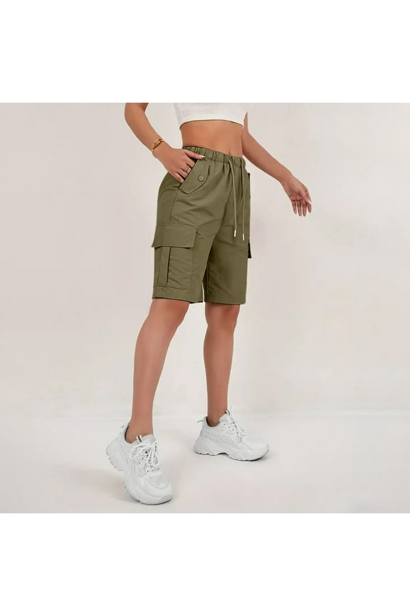 Womens Bermuda Shorts Casual Dressy Cargo Knee Length Wide Leg Drawstring High Rise Sweat Shorts Quick Dry Elastic Waist Trendy Biker Shorts with Pocket Army Green XL