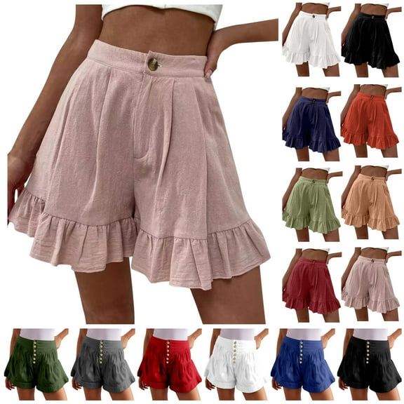 Womens Bermuda Shorts Casual Elastic High Waist Wide Leg Ruffle Shorts Summer Casual Solid Color Shorts with Pockets