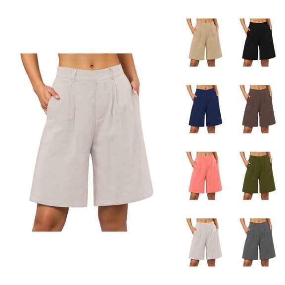 Womens Bermuda Shorts Casual High Waist Pockets Loose Fit Lightweight Knee Length Bermuda Long Shorts for Women