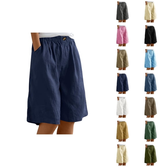 Womens Bermuda Shorts Cotton Elastic High Waist Pockets Wide Leg Breathable Knee Length Bermuda Long Shorts for Women