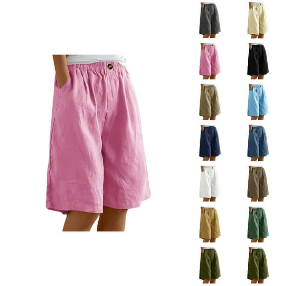 Womens Bermuda Shorts Cotton Elastic High Waist Pockets Wide Leg Breathable Knee Length Bermuda Long Shorts for Women