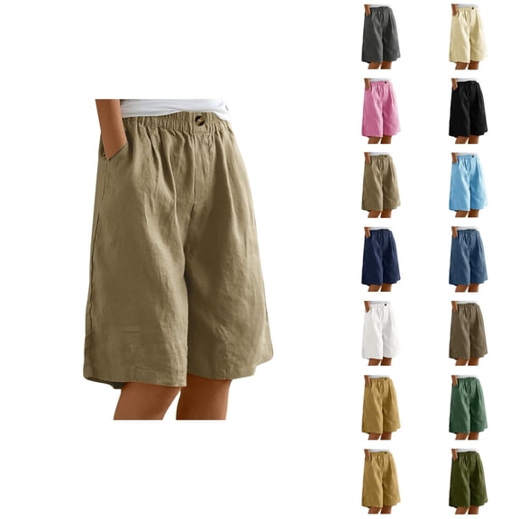 Womens Bermuda Shorts Cotton Elastic High Waist Pockets Wide Leg Breathable Knee Length Bermuda Long Shorts for Women