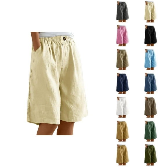 Womens Bermuda Shorts Cotton Elastic High Waist Pockets Wide Leg Breathable Knee Length Bermuda Long Shorts for Women
