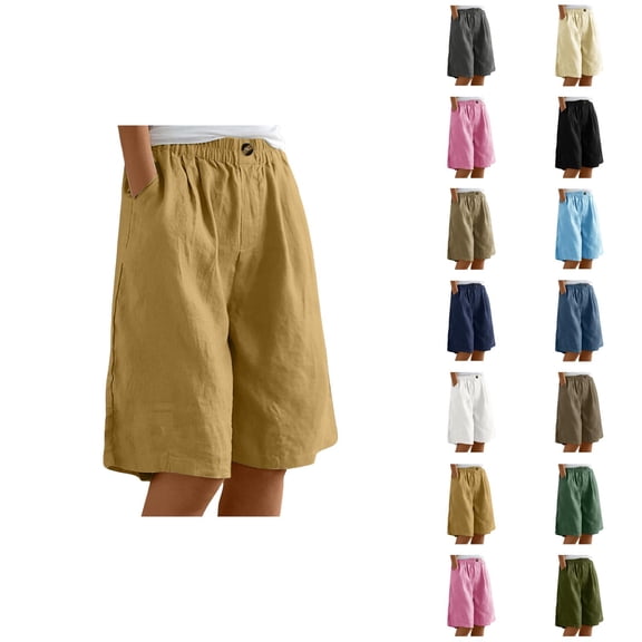 Womens Bermuda Shorts Cotton Elastic High Waist Pockets Wide Leg Breathable Knee Length Bermuda Long Shorts for Women