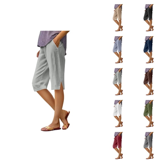 Womens Bermuda Shorts Cotton Linen Elastic Waist Pockets Breathable Loose Knee Length Bermuda Long Shorts for Women