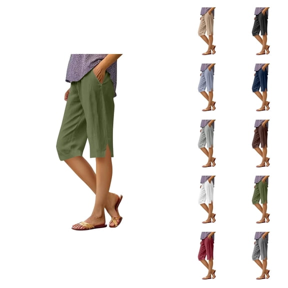 Womens Bermuda Shorts Cotton Linen Elastic Waist Pockets Breathable Loose Knee Length Bermuda Long Shorts for Women