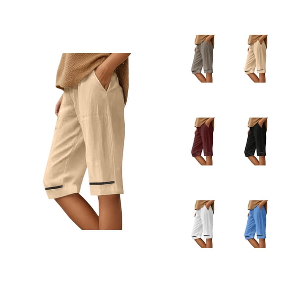 Womens Bermuda Shorts Cotton Linen Elastic Waistband Pockets Breathable Knee Length Bermuda Long Shorts for Women