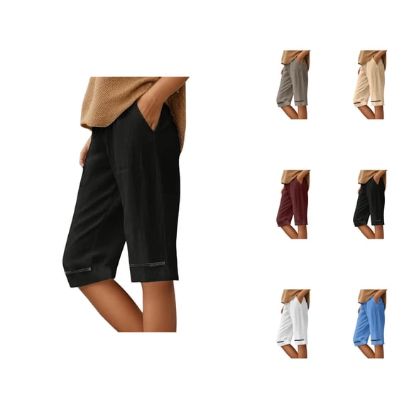 Womens Bermuda Shorts Cotton Linen Elastic Waistband Pockets Breathable Knee Length Bermuda Long Shorts for Women