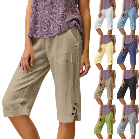 Womens Bermuda Shorts Cotton Linen Knee Length Drawstring Elastic Waist Baggy Capris Loose Summer Beach Shorts for Seniors,Khaki XL