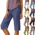 thumbnail image 1 of Womens Bermuda Shorts Cotton Linen Knee Length Drawstring Elastic Waist Baggy Capris Loose Summer Beach Shorts for Seniors,Navy L, 1 of 7