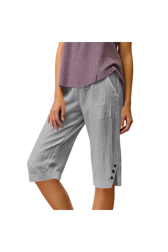 Womens Bermuda Shorts Cotton Linen Knee Length Elastic Waist Baggy Capris Loose Summer Beach Shorts for Seniors Gray XL