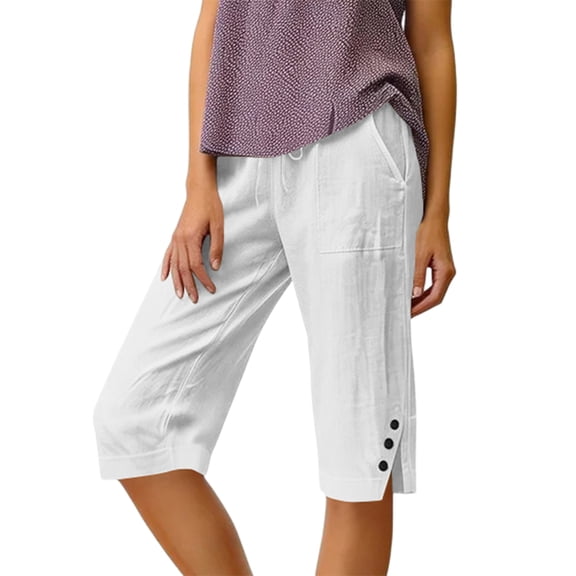 Womens Bermuda Shorts Cotton Linen Knee Length Elastic Waist Baggy Capris Loose Summer Beach Shorts for Seniors White S