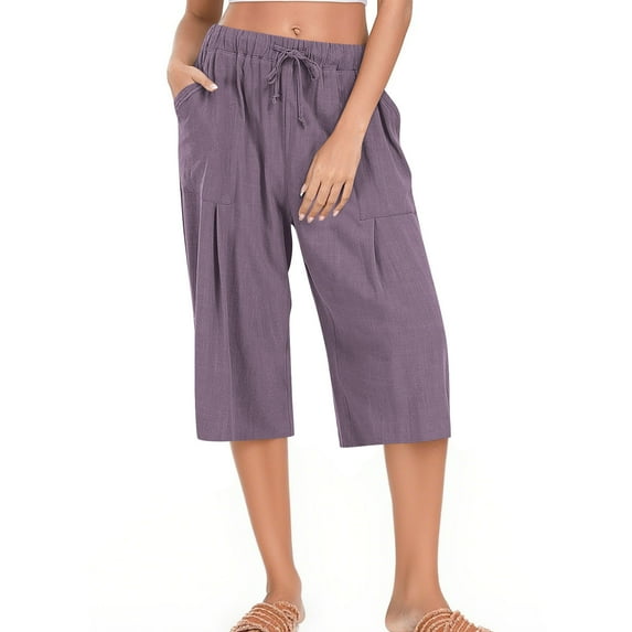 Womens Bermuda Shorts Cotton Linen Knee Length Elastic Waist Drawstring Capris Casual Summer Beach Shorts 2026,Purple,S